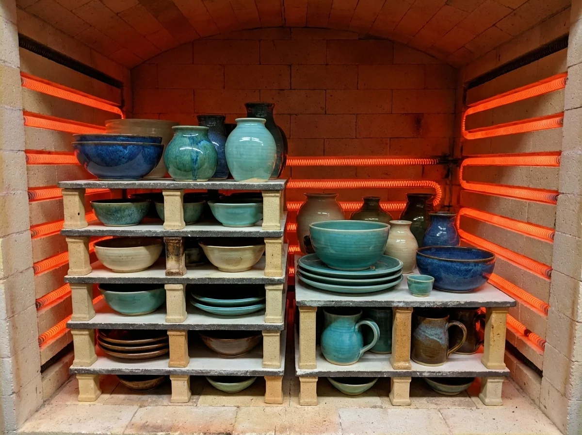 Horno de cerámica cargado con piezas esmaltadas fabricado en Chile